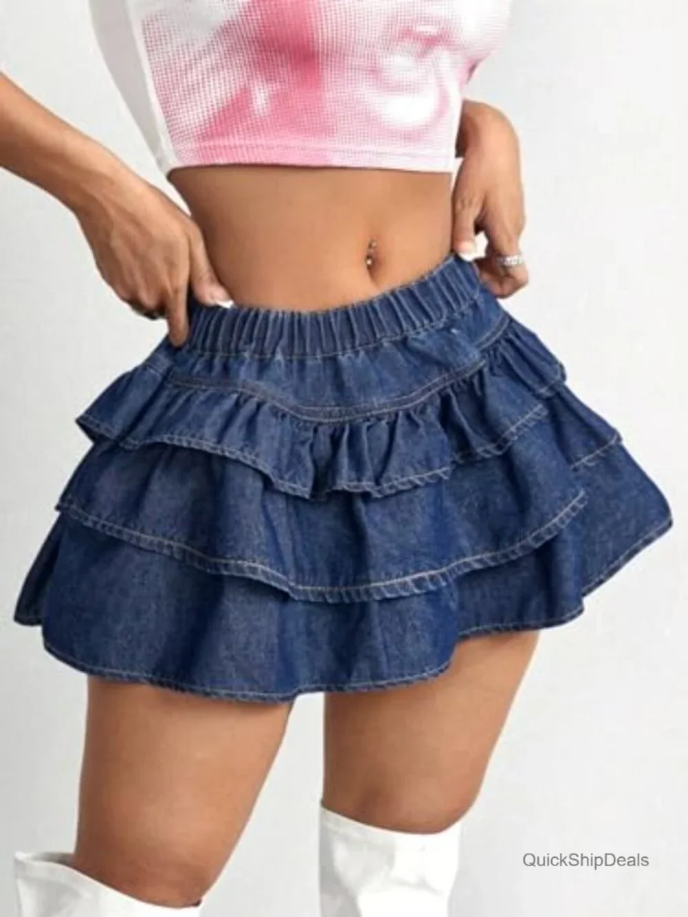 Y2K Denim Mini Skirt Drop Waist Ruffle Hem Low Rise